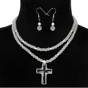 Frosted Glass Cross Beaded Necklace Earrings Set